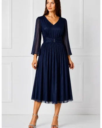 Rochie midi,  din voal organza plisata, argintie, Albastru indigo