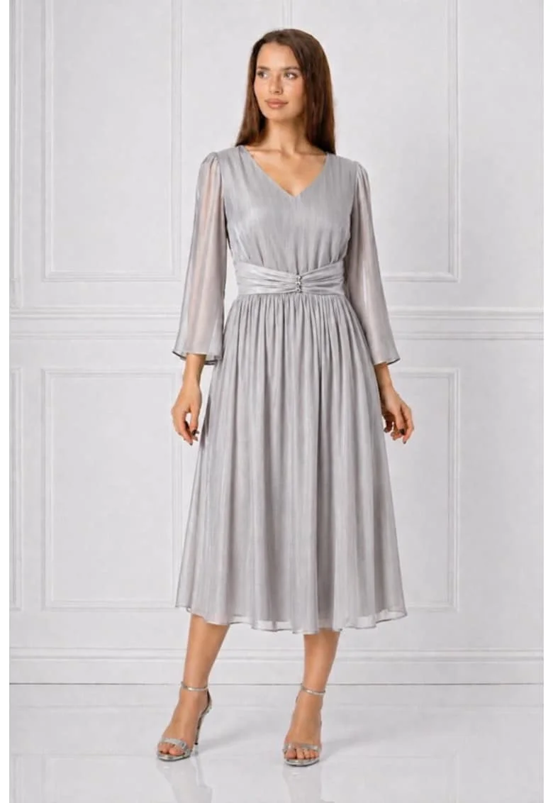 Rochie midi,  din voal organza plisata, argintie, Argintiu