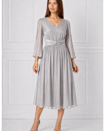 Rochie midi,  din voal organza plisata, argintie, Argintiu