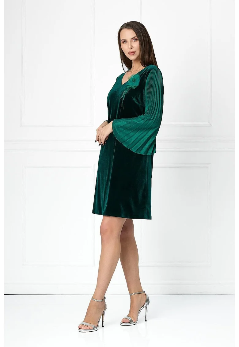 Rochie scurta de catifea cu maneci plisate Aspasia, Verde inchis