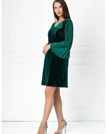 Rochie scurta de catifea cu maneci plisate Aspasia, Verde inchis
