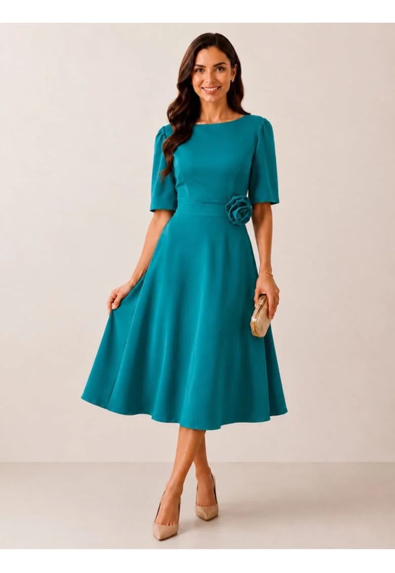 Rochie midi,  in clos cu floare decorativa, turcoaz, Turcoaz