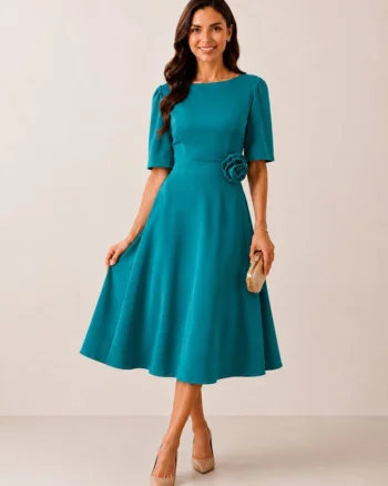 Rochie midi,  in clos cu floare decorativa, turcoaz, Turcoaz