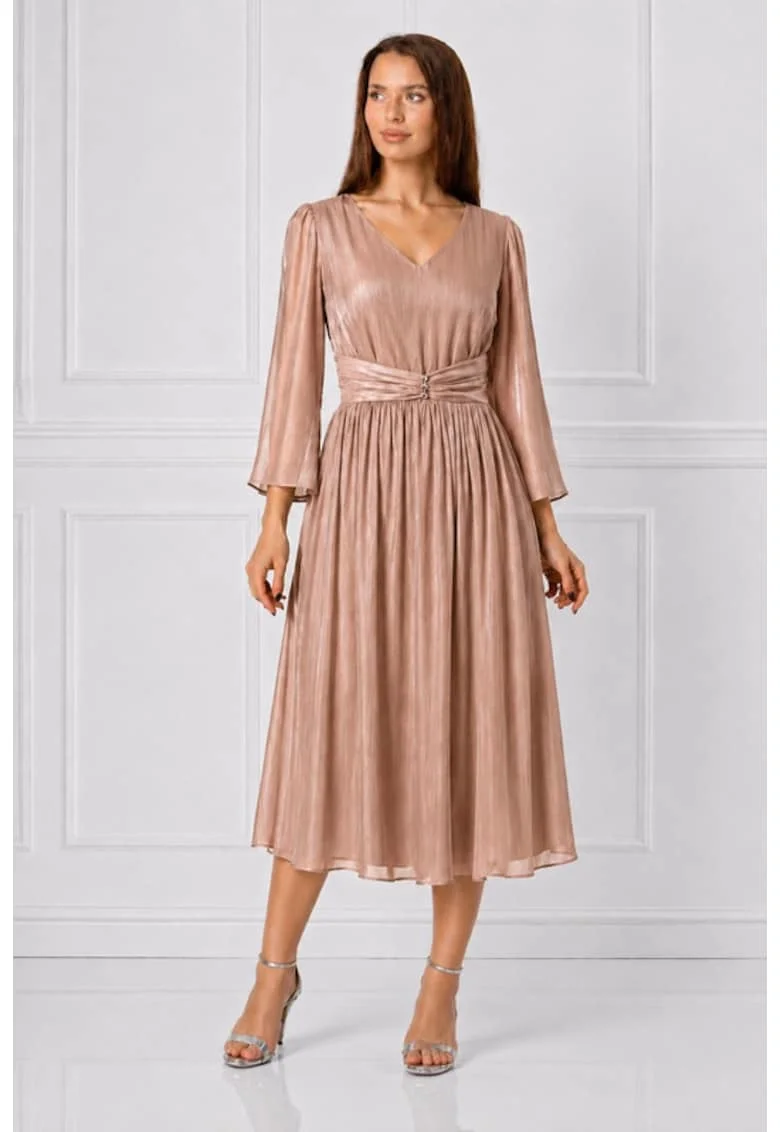 Rochie midi,  din voal organza plisata, argintie, Auriu