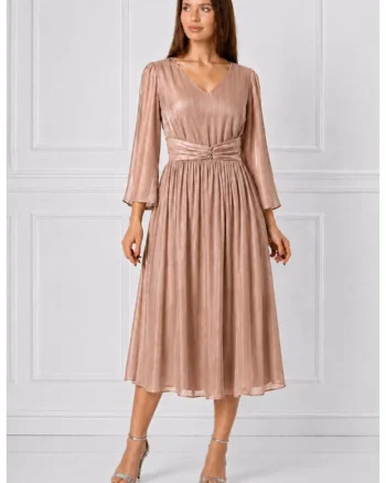 Rochie midi,  din voal organza plisata, argintie, Auriu