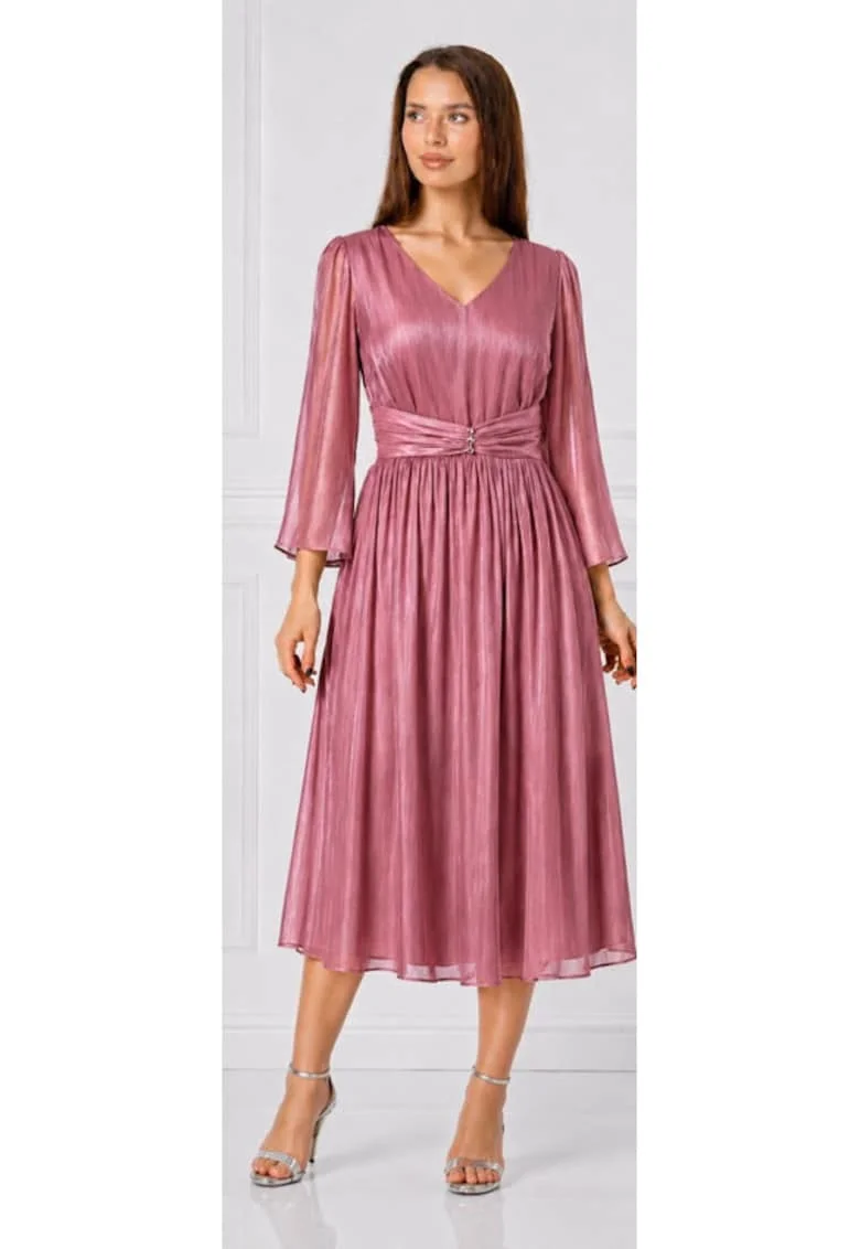Rochie midi,  din voal organza plisata, argintie, Roz neon