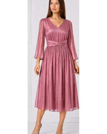 Rochie midi,  din voal organza plisata, argintie, Roz neon