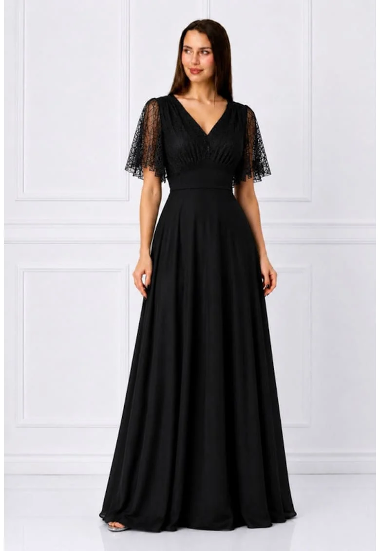 Rochie lunga,  in clos cu dantela, gri perla, Negru