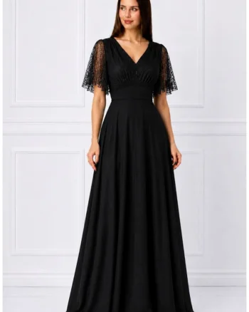 Rochie lunga,  in clos cu dantela, gri perla, Negru
