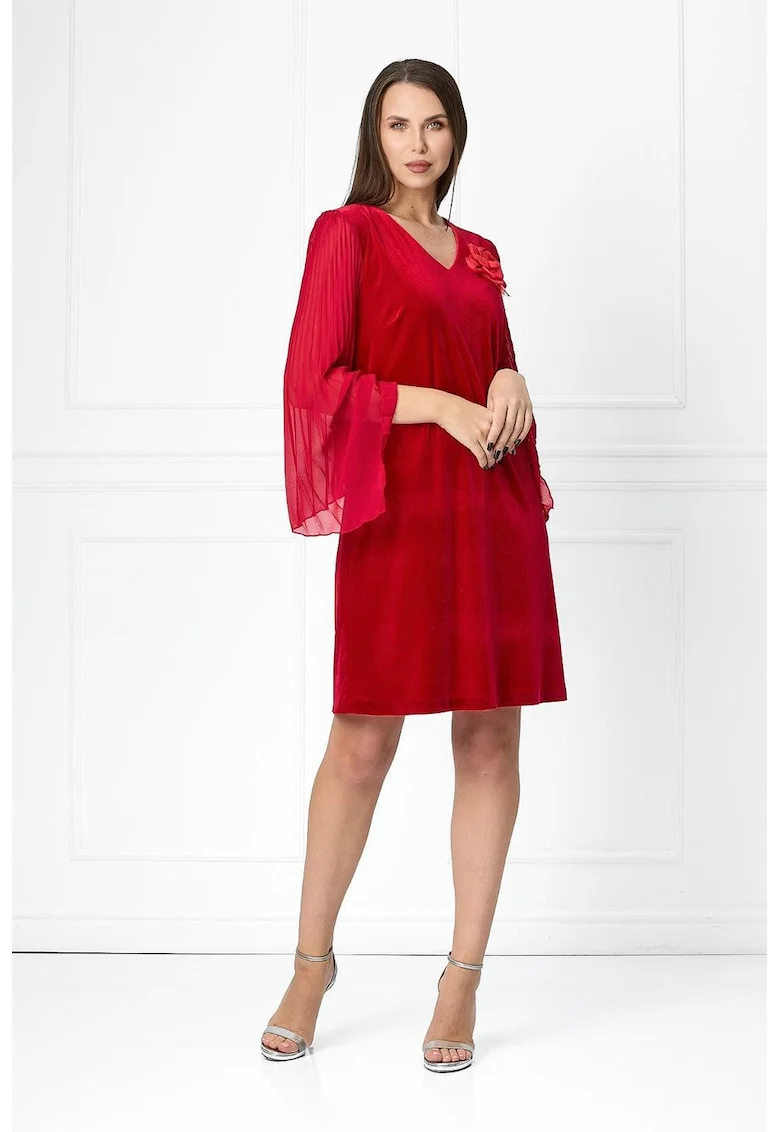 Rochie scurta de catifea cu maneci plisate Aspasia, Rosu