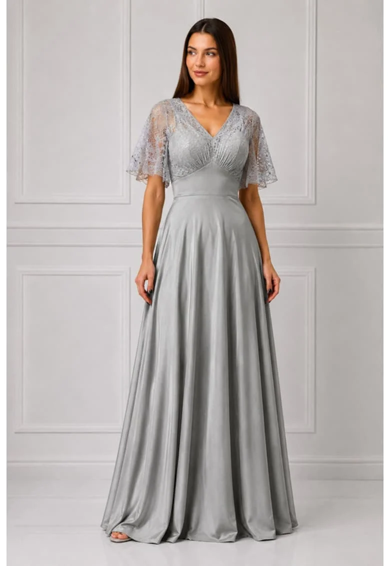 Rochie lunga,  in clos cu dantela, gri perla, Gri