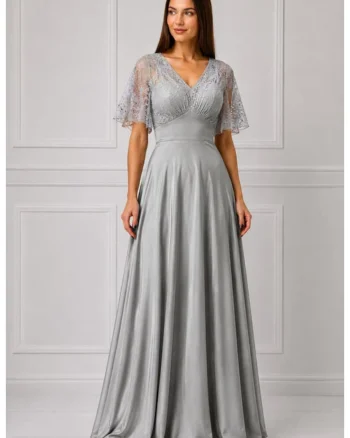 Rochie lunga,  in clos cu dantela, gri perla, Gri