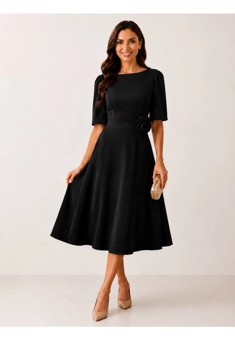 Rochie midi,  in clos cu floare decorativa, turcoaz, Negru