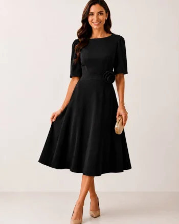 Rochie midi,  in clos cu floare decorativa, turcoaz, Negru