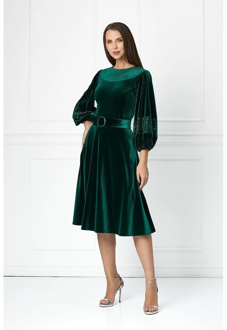Rochie midi cu aspect de catifea si insertii stralucitoare Feodora, Verde inchis