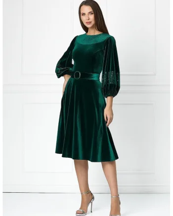 Rochie midi cu aspect de catifea si insertii stralucitoare Feodora, Verde inchis