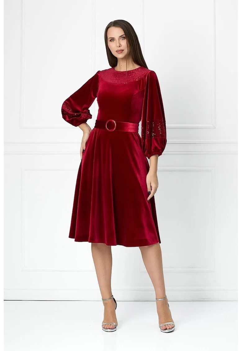 Rochie midi cu aspect de catifea si insertii stralucitoare Feodora, Rosu inchis