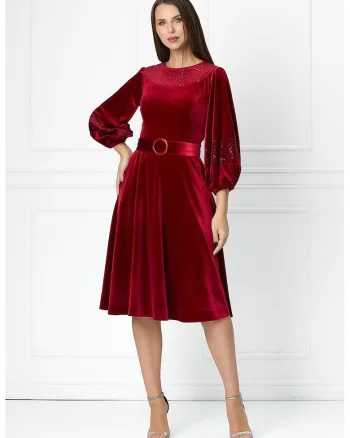 Rochie midi cu aspect de catifea si insertii stralucitoare Feodora, Rosu inchis