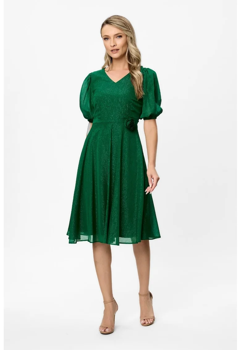 Rochie evazata cu maneci bufante semi-transparente si aplicatie florala Alison, Verde englez