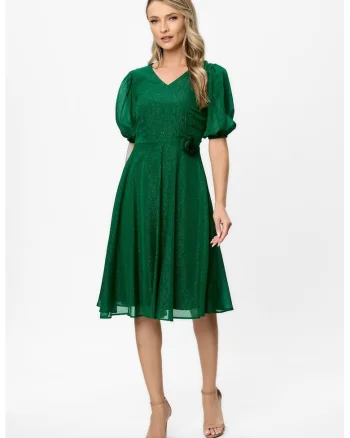 Rochie evazata cu maneci bufante semi-transparente si aplicatie florala Alison, Verde englez