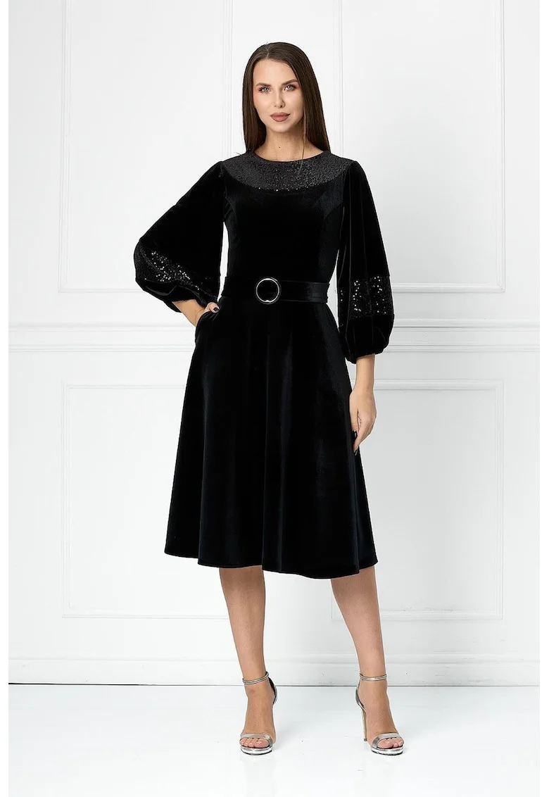 Rochie midi cu aspect de catifea si insertii stralucitoare Feodora, Negru