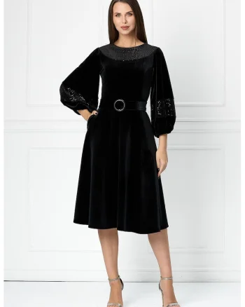 Rochie midi cu aspect de catifea si insertii stralucitoare Feodora, Negru