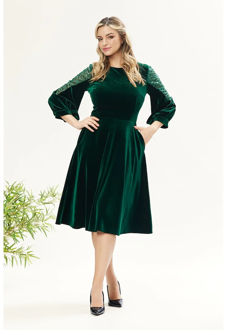 Rochie catifelata cu paiete, Verde inchis