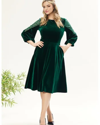 Rochie catifelata cu paiete, Verde inchis