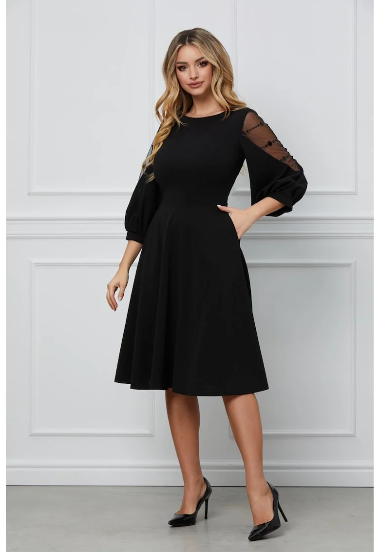 Rochie cu croiala A si maneci bufante, Negru