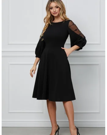 Rochie cu croiala A si maneci bufante, Negru