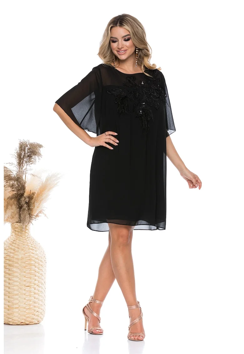 Rochie vaporoasa cu croiala dreapta si aplicatii florale cu paiete, Negru