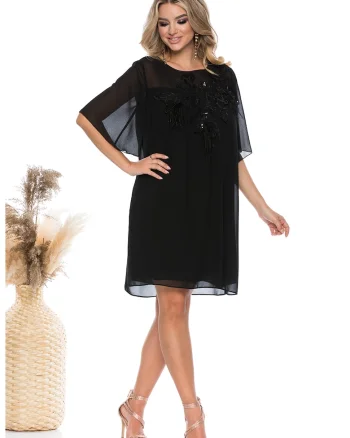 Rochie vaporoasa cu croiala dreapta si aplicatii florale cu paiete, Negru