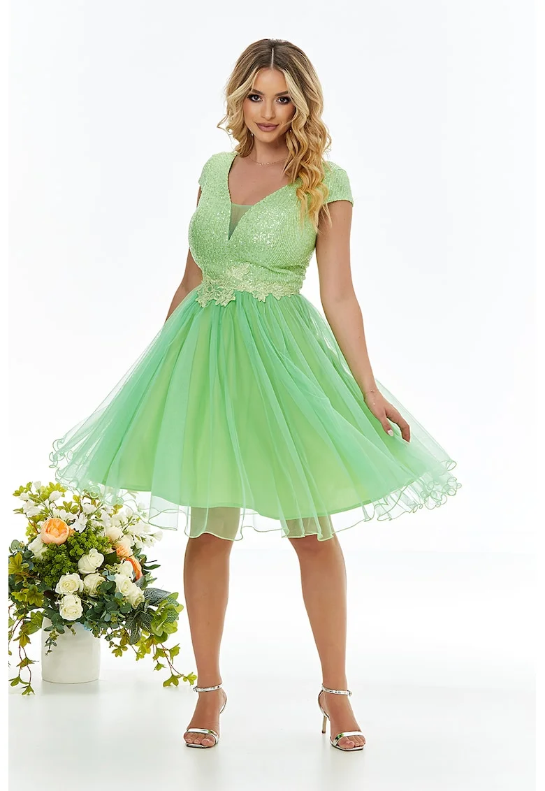 Rochie evazata cu aplicatii cu paiete, Verde lime