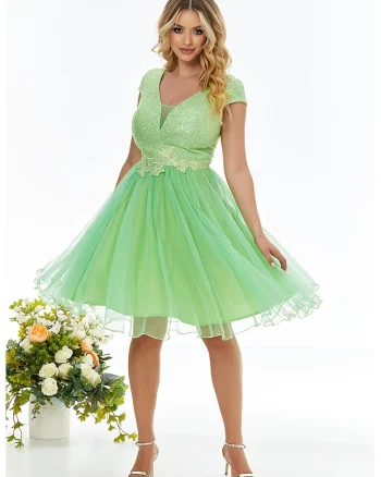 Rochie evazata cu aplicatii cu paiete, Verde lime