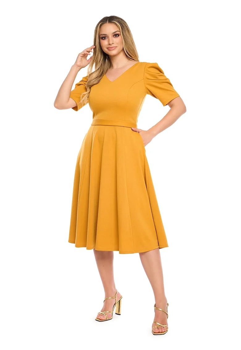 Rochie evazata cu decolteu in V, Galben mustar