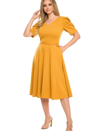 Rochie evazata cu decolteu in V, Galben mustar