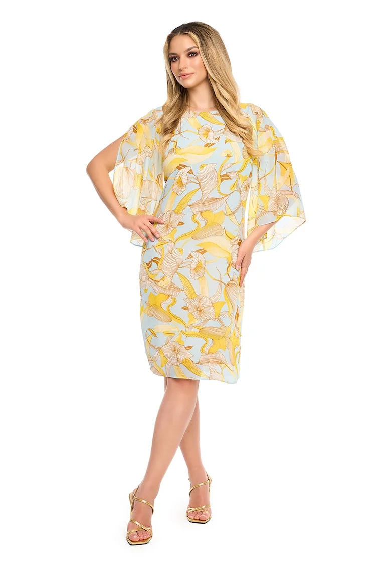 Rochie cu maneci din sifon Nice, Galben/Albastru pal