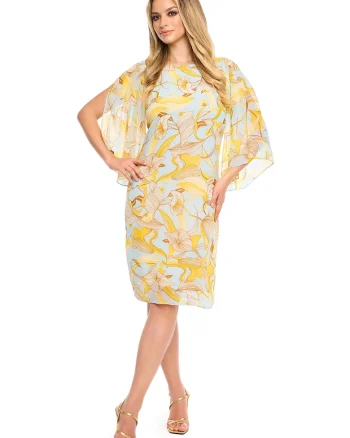 Rochie cu maneci din sifon Nice, Galben/Albastru pal