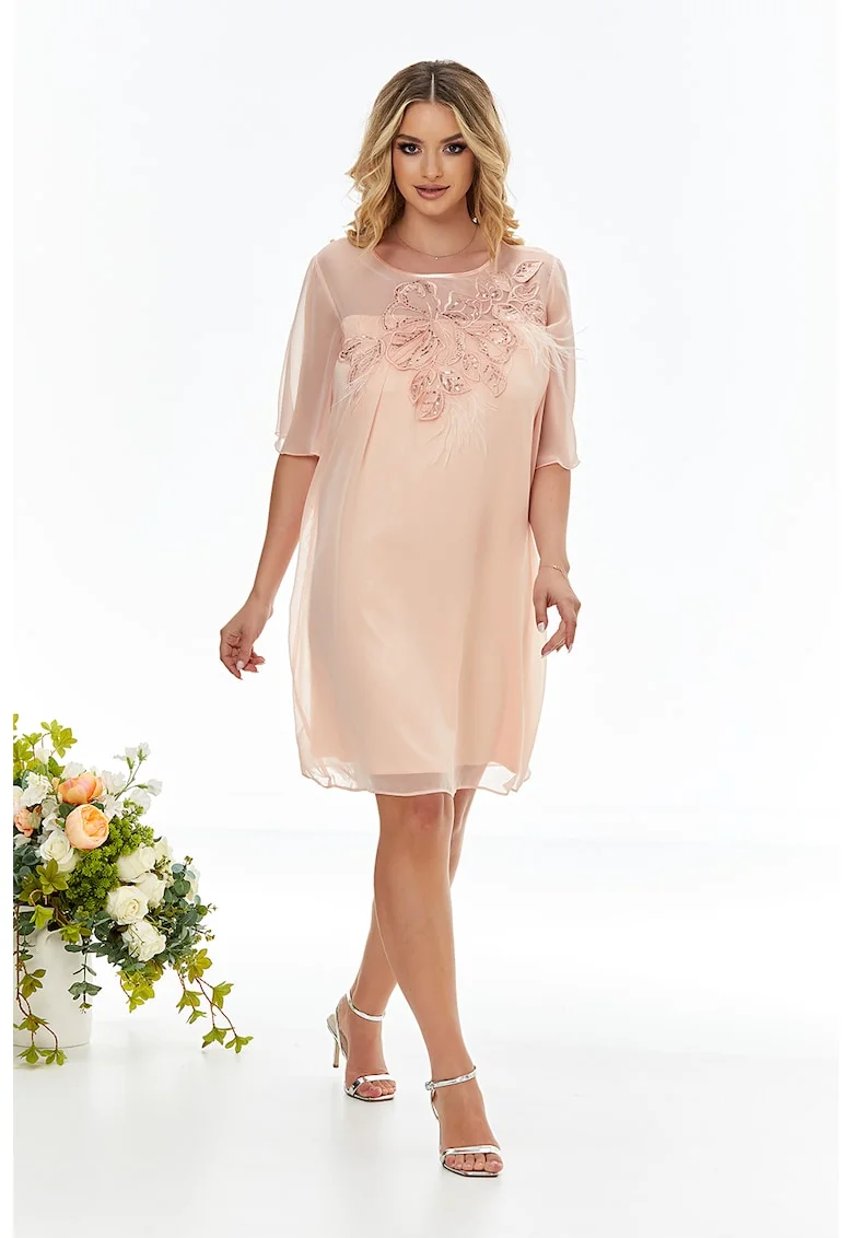 Rochie vaporoasa cu croiala dreapta si aplicatii florale cu paiete, Piersica