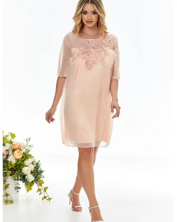 Rochie vaporoasa cu croiala dreapta si aplicatii florale cu paiete, Piersica