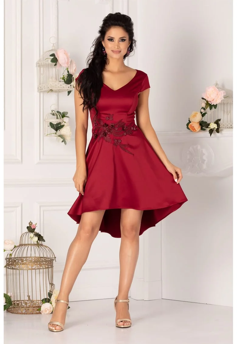 Rochie mini evazata cu decolteu in V, Visiniu