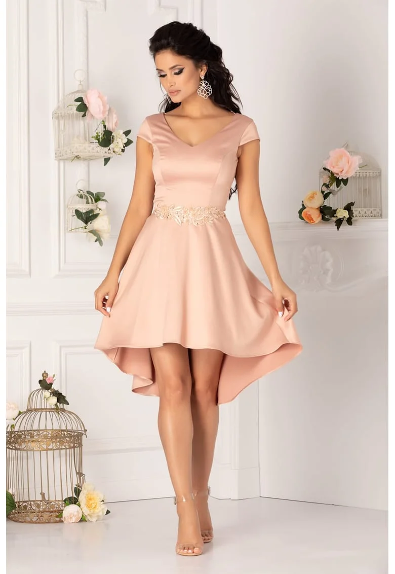 Rochie mini evazata cu decolteu in V, Roz somon