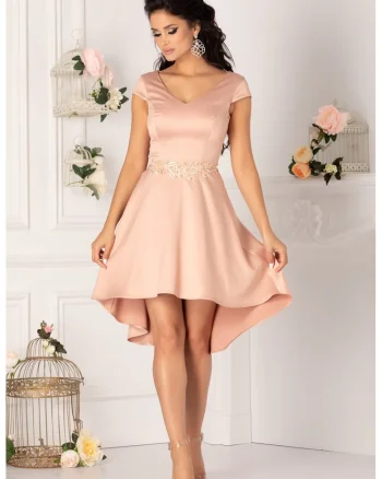 Rochie mini evazata cu decolteu in V, Roz somon