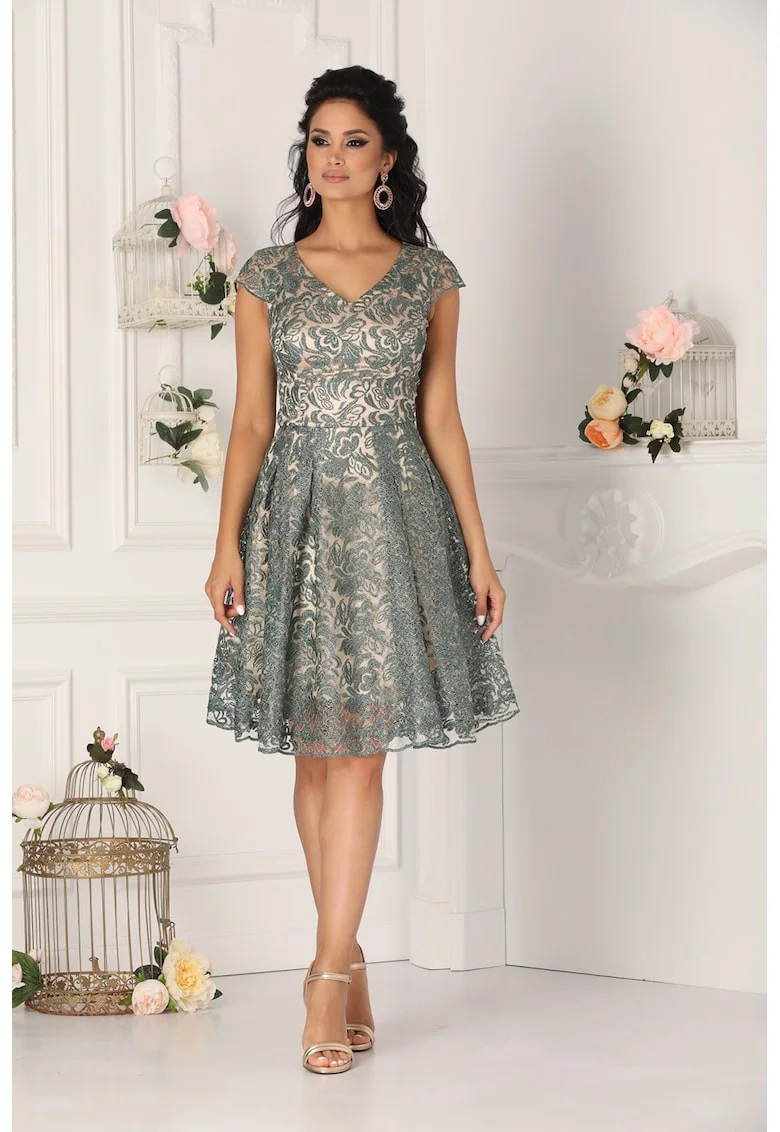 Rochie evazata cu decolteu in V si strat exterior de dantela, Verde sparanghel