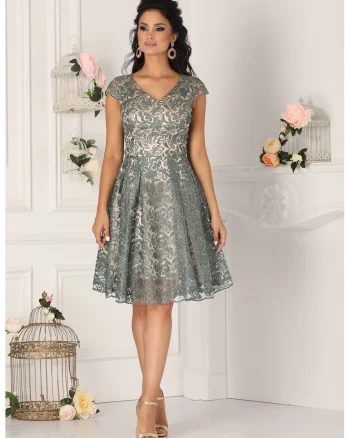 Rochie evazata cu decolteu in V si strat exterior de dantela, Verde sparanghel