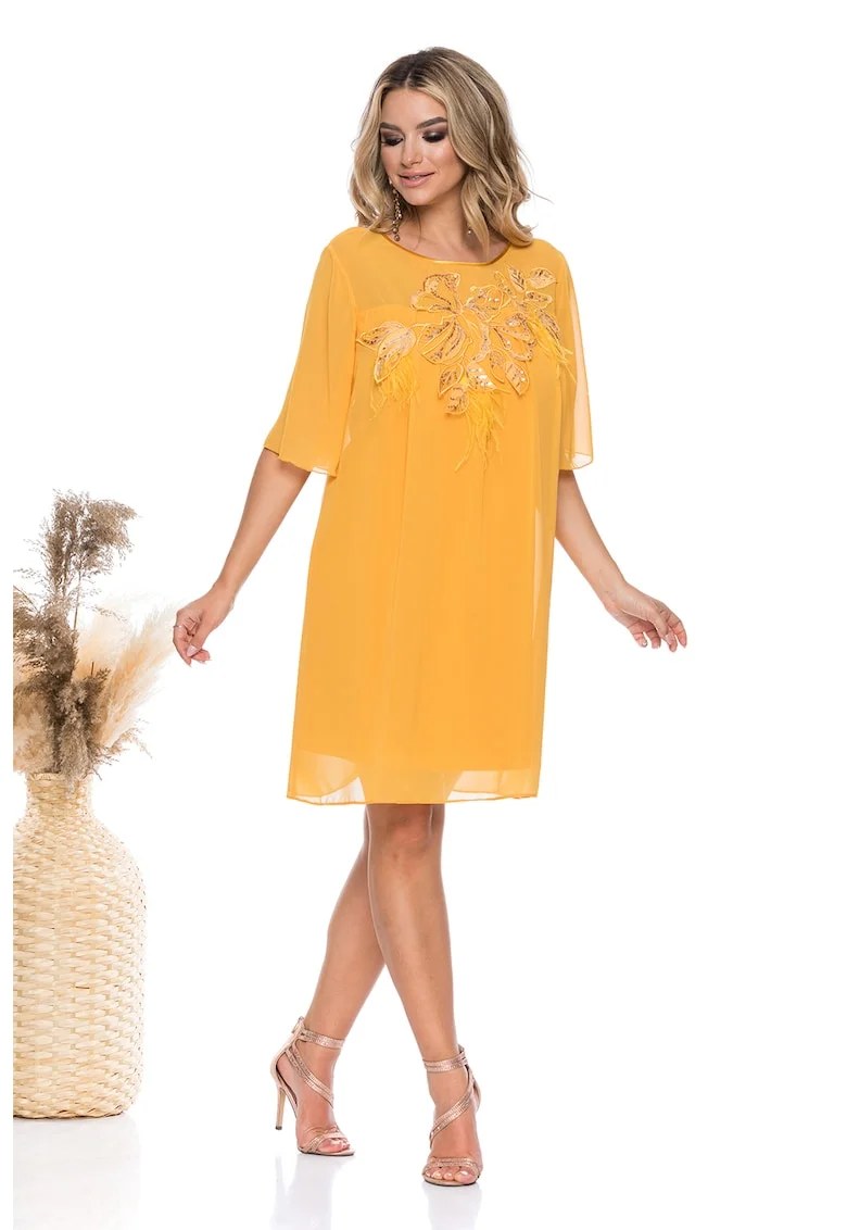 Rochie vaporoasa cu croiala dreapta si aplicatii florale cu paiete, Galben