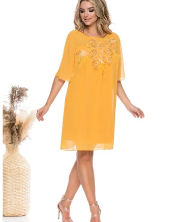 Rochie vaporoasa cu croiala dreapta si aplicatii florale cu paiete, Galben