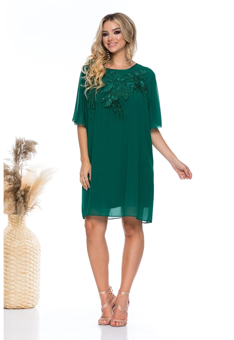 Rochie vaporoasa cu croiala dreapta si aplicatii florale cu paiete, Verde persan