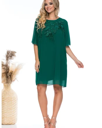 Rochie vaporoasa cu croiala dreapta si aplicatii florale cu paiete, Verde persan