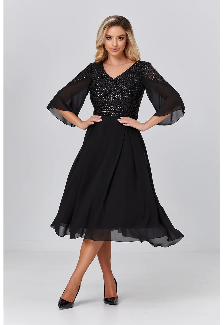 Rochie midi evazata cu aplicatii cu paiete, Negru